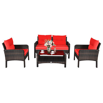 Costway 4PCS Patio Rattan Furniture Set Loveseat Sofa Coffee Table Red Cushions