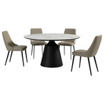 Armen Living - Knox Genesis 5 Piece Dining Set with Stone Top and Faux Leather Chairs, Taupe Gray - Enjoy an intimate meal or host a dinner party with the Knox Genesis 5 Piece Dining Set with Stone Top and Faux Leather Chairs. This set includes 1 Knox dining table and 4 Genesis dining chairs. The Genesis dining chair features a beautifully sculpted back to attain a tailored and inviting look. Perched upon slender black metal legs, the Genesis dining room chair keeps your home looking airy and spacious. Its tall back beautifully widens at the bottom to provide exceptional lumbar support and comfort. Finished off with a padded seat, our dining table chair offers a comfortable seat anywhere in your dining room, kitchen, living area, or home office. The dining chair is upholstered in UV and stain-resistant faux leather which does not crack or fade easily to offer easy maintenance. The refined and distinctive silhouette of the dining table attains a statement-making appeal in any room. It features a perfectly rounded tabletop perched upon an eye-catching pedestal base. Its sintered stone tabletop depicts the graceful and natural textures of white marble to add a polished touch to your casual or formal meals. This tabletop is resistant to etching, scratches, burns, and stains as a durable yet elegant alternative to quartz. It is perched upon a black metal base to attain contrast and a versatile appeal. The round dining table can comfortably seat up to six individuals for enjoying meals in your kitchen, dining room, or living space. A 55" round shape allows the table to function as a natural hub for conversations. The Knox Genesis dining set is available in 5 or 7 piece set configurations and features a white stone tabletop with black metal base and your choice of taupe gray or beige faux leather upholstered dining chairs.
