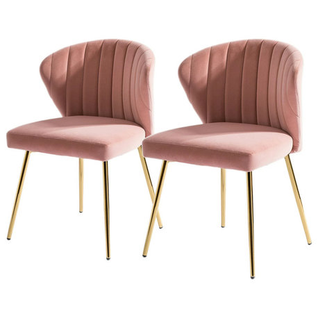 4 Pack Dining Chair, Elegant Gold Legs With Velvet Seat Channeled Back, Pink