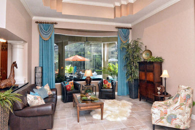Example of a large transitional open concept porcelain tile living room design in Tampa with beige walls, no fireplace and no tv