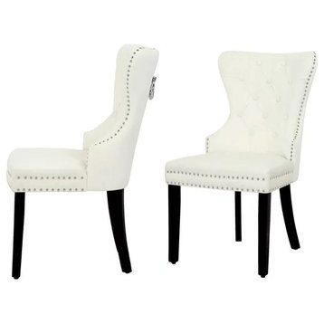 Set of 2 Dining Chair, Velvet Seat With Nailhead & Tufted Wingback, Cream