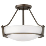 Hinkley - Hathaway 16" 32W 1 LED Semi-Flush Mount Olde Bronze White Etched Glass - Hathaways Striking design features a bold Shade held in place by three intersecting, floating arms with unique forged uprights and ring detail for a modern Style. Available in Antique Nickel with etched glass, Olde Bronze with etched glass, or Olde Bronze with etched amber glass.  Mounting Direction: Up Canopy Included: Yes  Shade Included: Yes  Canopy Diameter: 5.75 Dimable: Yes  Color Temperature: 2700 Lumens: 1900 CRI: 96 Are bulbs included? Yes Number of bulbs used: 1 Bulb Type/Wattage: 32W FSI-200 Hardwire or Plug?: Hardwire UL Listing: No