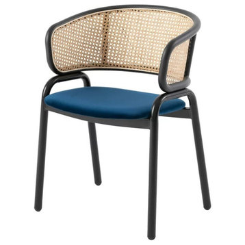 Dining Chair, Stainless Steel Legs & Velvet Seat With Curved Rattan Back, Navy