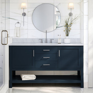 Ariel Bayhill 61" Right Oval Sink Bath Vanity, Midnight Blue, 0.75" Carrara Marble