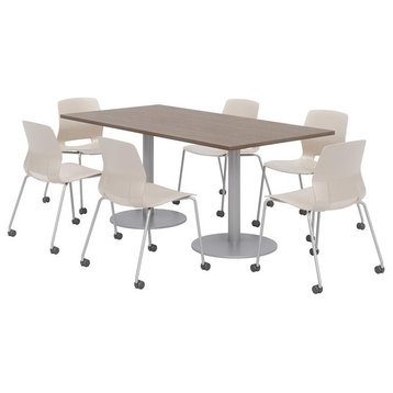 36 x 72" Table - 6 Lola Moonbeam Caster Chairs - Teak Top - Silver Base