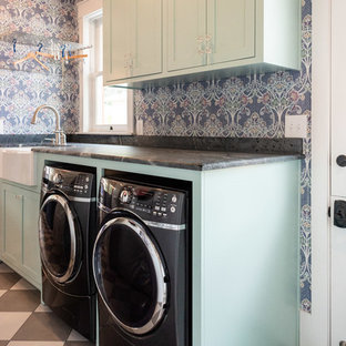 Small eclectic galley separated utility room in San Luis Obispo with a belfast sink, shaker cabinets, turquoise cabinets, multi-coloured walls, porcelain flooring, a side by side washer and dryer, multi-coloured floors and grey worktops.