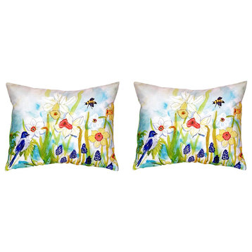 Pair of Betsy Drake Bird & Daffodils No Cord Pillows 18 Inch X 18 Inch