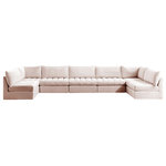 Meridian Furniture - Jacob Velvet Upholstered 7-Piece U-Shaped Modular Sectional, Pink - Create the ideal seating arrangement for your space when you pick and choose the elements you like mostincluding this Jacob velvet modular sectional. Mix and match items in the Jacob collection to bring your living space or family room together with a personalized slant. Soft pink velvet upholstery is soft and welcoming to the touch, adding a luxurious feel to everyday seating. Deep channel tufting adds to the piece's durability, and latches underneath the unit make it easy to attach to other pieces in the collection.