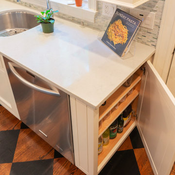 The dishwasher is supported by a unique shallow cabinet