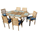 Windsor Teak Furniture - Teak Extra Wide 75x51" Oval Extension Table, 6-Chairs - Buckingham Dining Height Extra WIDE 75" x 51" Oval Double Leaf Extension Table w 6 Casa Blanca Stacking Arm chairs..made with solid Grade A Teak will surely become a family heirloom. The Buckingham 75" x 51" comes with two 12" leafs and is 51" Round when closed , 63" long with one leaf open, and 75" long with both leafs opened and seats 6 people. The unique built-in butterfly pop-up leaf enables you to open or close your table in 15 seconds.The stacking chairs have contoured seats and are very comfortable. Comes with plug covered umbrella hole. Some Assembly on table only.  (Cushions Not Included)