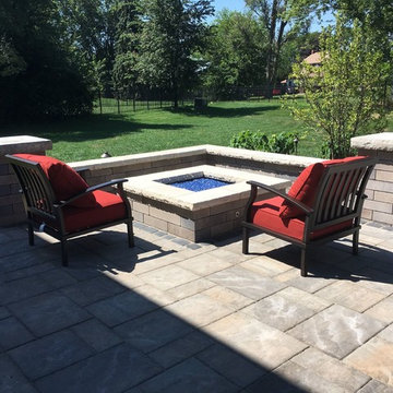Unilock Beacon Hill Paver Patio, gas fire pit using blue fire glass