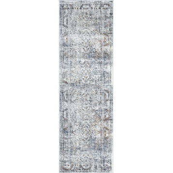 Ramona Traditional Damask Gray/Teal Runner Rug, 2.7'x10'