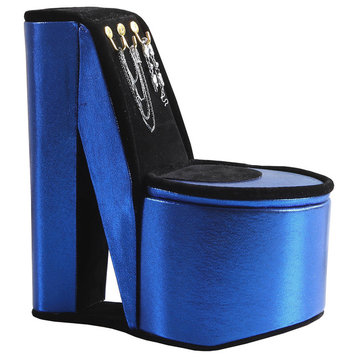 9" Tall Display Jewelry Box With Hooks, High Heel Shoe Design, Blue Velvet