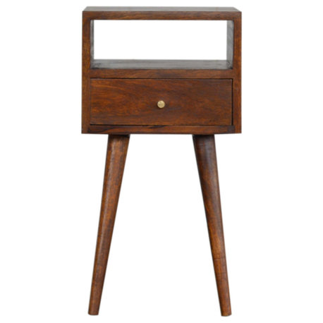 Solid Wood Mini Chestnut Nightstand, Brown, 1 Drawer, 1 Shelf