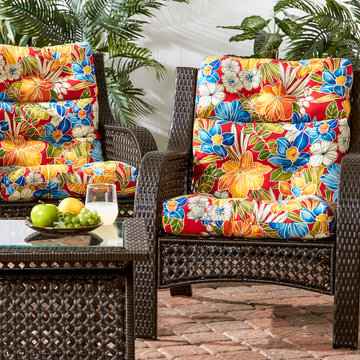 Wicker Woven Chairs with Bold Color Floral Print Cushions