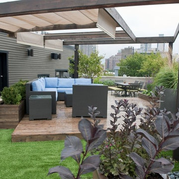 rooftop patio with canopies between wood beams, Chicago