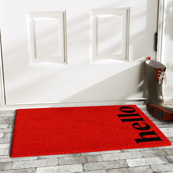 Vertical Hello Doormat, Red/Black, 17"x29"