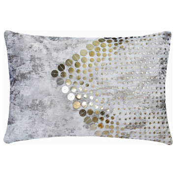 White Suede 12"x16" Lumbar Pillow Cover Antique Gold Foil Metal Sequin, Altynay