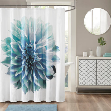 Madison Park Norah Printed Floral Cotton Shower Curtain, Aqua