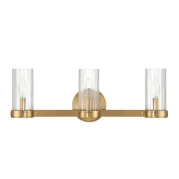 Izzy Metal and Clear Ribbed Glass 3-Light Vanity Light, Brushed Gold