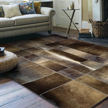 Brown Cowhide Patchwork Rug for Rustic Country Living Room
