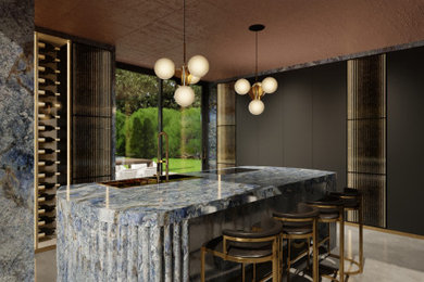 Exemple d'une cuisine ouverte tendance en U de taille moyenne avec un placard à porte plane, un plan de travail en granite, îlot, un sol gris et un plan de travail bleu.