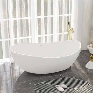 70" Contemporary Oval Freestanding Stone Resin Soaking Bathtub, Matte White