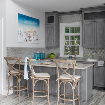 Coastal Gray Kitchen with Natural Wood Bar Stools