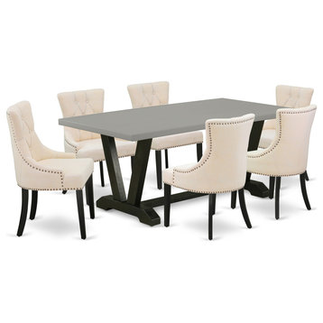 V697Fr102-7, 7-Piece Dining Set, 6 Chairs and Cement Table Top, Black