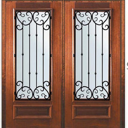 Pre-hung Double Door 80 Wood Mahogany Valencia 3/4 Lite Wrought Iron - Front Doors