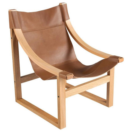 Bowery Hill Modern Solid Wood/Leather Sling Chair in Natural