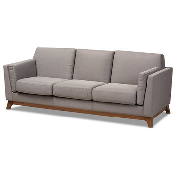 Retro Modern Sofa, Rich Walnut Base With Gray Polyester Seat & Padded Armrests