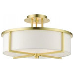 Livex Lighting - Livex Lighting 51074-12 Wesley, 3 Light Semi-Flush Mount, Antique Brass - This large satin brass three-light semi flush fixtWesley 3 Light Semi- Satin Brass Off-WhitUL: Suitable for damp locations Energy Star Qualified: n/a ADA Certified: n/a  *Number of Lights: 3-*Wattage:60w Medium Base bulb(s) *Bulb Included:No *Bulb Type:Medium Base *Finish Type:Satin Brass