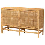 Wholesale Interiors - Vivan Modern Bohemian Natural Brown Rattan and Mahogany Wood Storage Cabinet - Bring the allure of a tropical haven to your space with the remarkable Vivan storage cabinet. Made in Indonesia, this impressive piece is comprised of a sturdy mahogany wood frame wrapped in natural rattan. The doors open to reveal two spacious shelves that efficiently organize household essentials while the rectangular tabletop serves as a wonderful display area for decorations. The Vivan will arrive fully assembled and features woven rattan embellishments for a light, airy display that lends a more open feel in tight spaces. A wonderful combination of style and convenience, the Vivan storage cabinet enhances any layout.