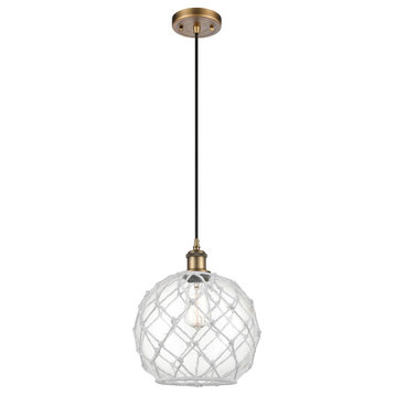 Farmhouse 1-Light Mini Pendant, Brushed Brass, Clear Glass With White Rope