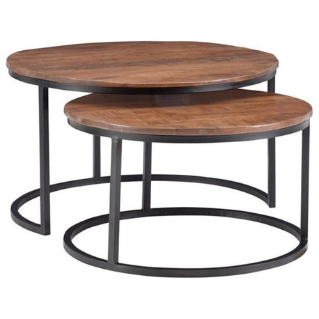Linon Mina Round Wood Nesting Coffee Tables (Set of 2) in Black Matte Iron