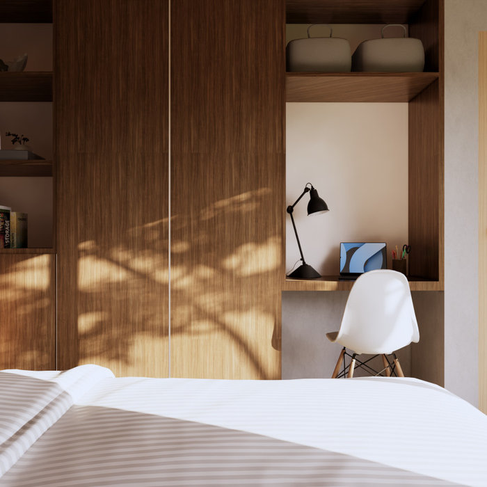 Light, wood and a little study nook in the bedroom. Adventurous palette.