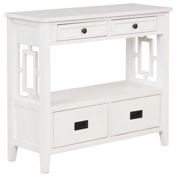 36'' Pine Wood Console Table with 4 Drawers & 1 Storage Shelf, Antique White