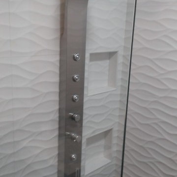 MASTER BATHROOM - Large Wave Tile Shower / Penny Tile Wainscot / Ikea Cabinets
