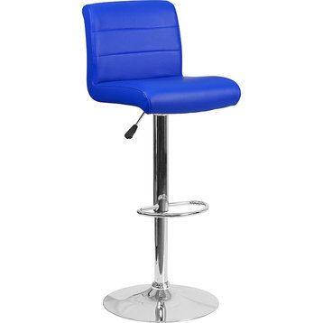 Contemporary Blue Vinyl Adjustable Height Barstool With Chrome Base