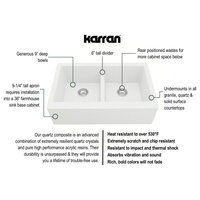 Karran All, One Farmhouse Quartz 34" Double Bowl Sink, White With Faucet