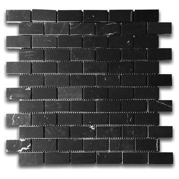 Nero Marquina Black Marble 1x2 Medium Brick Mosaic Tile Honed Matte, 1 sheet