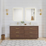 Vinnova Inc - Porto Bath Vanity with White Quartz Stone Top, Dark Brown Oak, 72 in., With Mirror - Transform your bathroom into a haven of style and sophistication with our Porto Series Freestanding Bathroom Vanity a piece that embodies fine craftsmanship and everyday practicality. This exquisite vanity combines the textured warmth and elegance of solid oak with pristine white quartz, resulting in a look that's both inviting and visually captivating. Deep dovetail drawers with partitions allow you to keep your essentials concealed and organized.