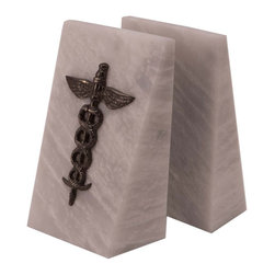 White Marble Bookends with Antique Silver Plated Medical Emblem - Bookends