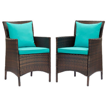 Conduit Outdoor Patio Wicker Rattan Dining Armchair Set of 2, Brown Turquoise