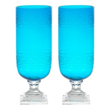 Aqua Greek Key Glass Hurricane Lamp Lantern, Set of 2 Candle Holder Vase