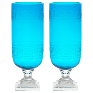 Aqua Greek Key Glass Hurricane Lamp Lantern, Set of 2 Candle Holder Vase