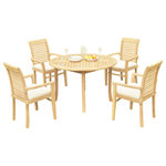 Teak Deals - 5-Piece Outdoor Teak Dining Set: 48" Round Table, 4 Mas Stacking Arm Chairs - Set includes: 48" Round Dining Table and 4 Stacking Arm Chairs.