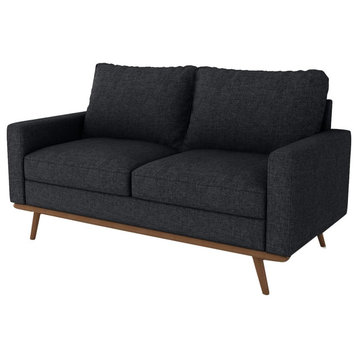 Modern Loveseat, Padded Linen Seat With Angled Legs & Track Armrests, Black