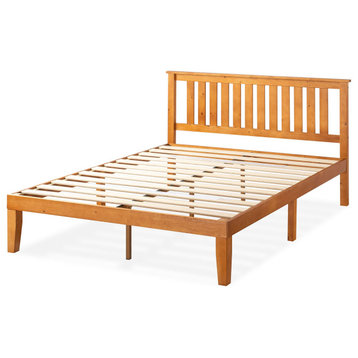 Modern Platform Bed, Pine Wood With Slatted Panel Headboard, Natural Pine, Queen